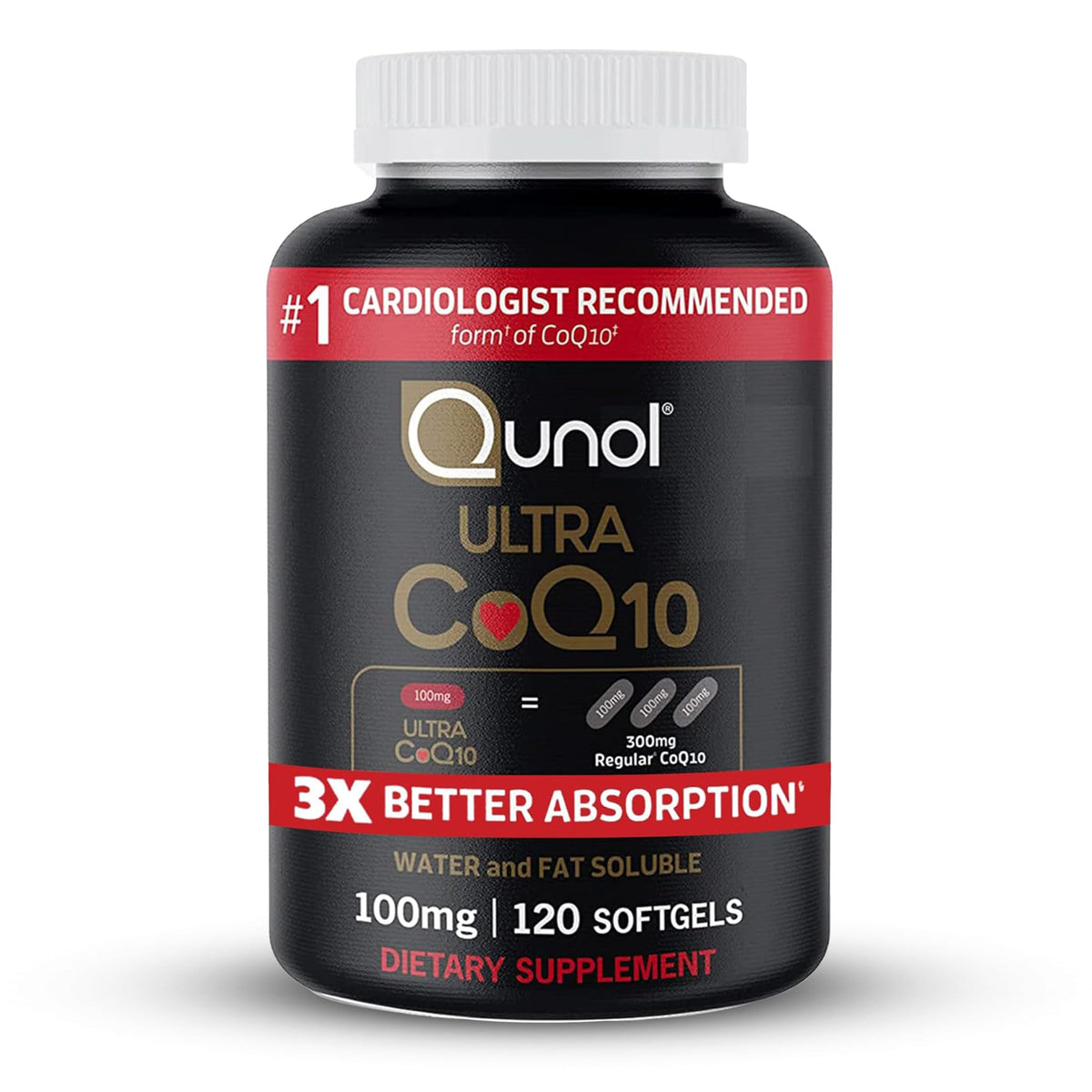Qunol envase frontal mostrando 120 softgels y beneficios de absorción