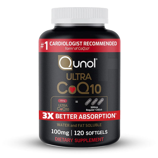 Qunol envase frontal mostrando 120 softgels y beneficios de absorción