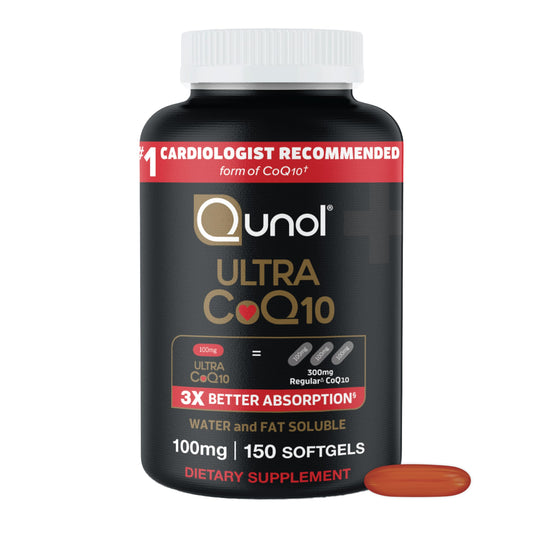Qunol frasco frontal mostrando 150 softgels y beneficio de alta absorción