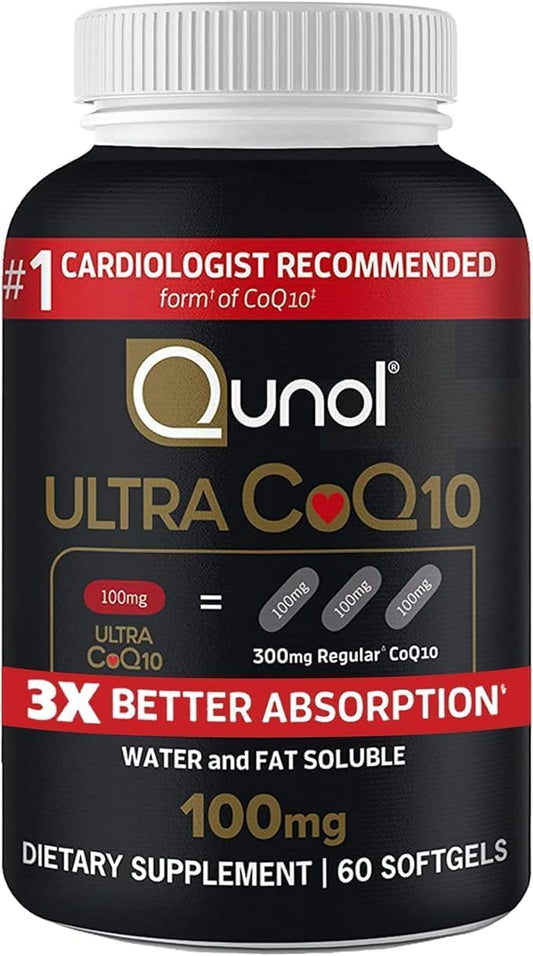 Qunol envase frontal mostrando 60 cápsulas y beneficio absorción