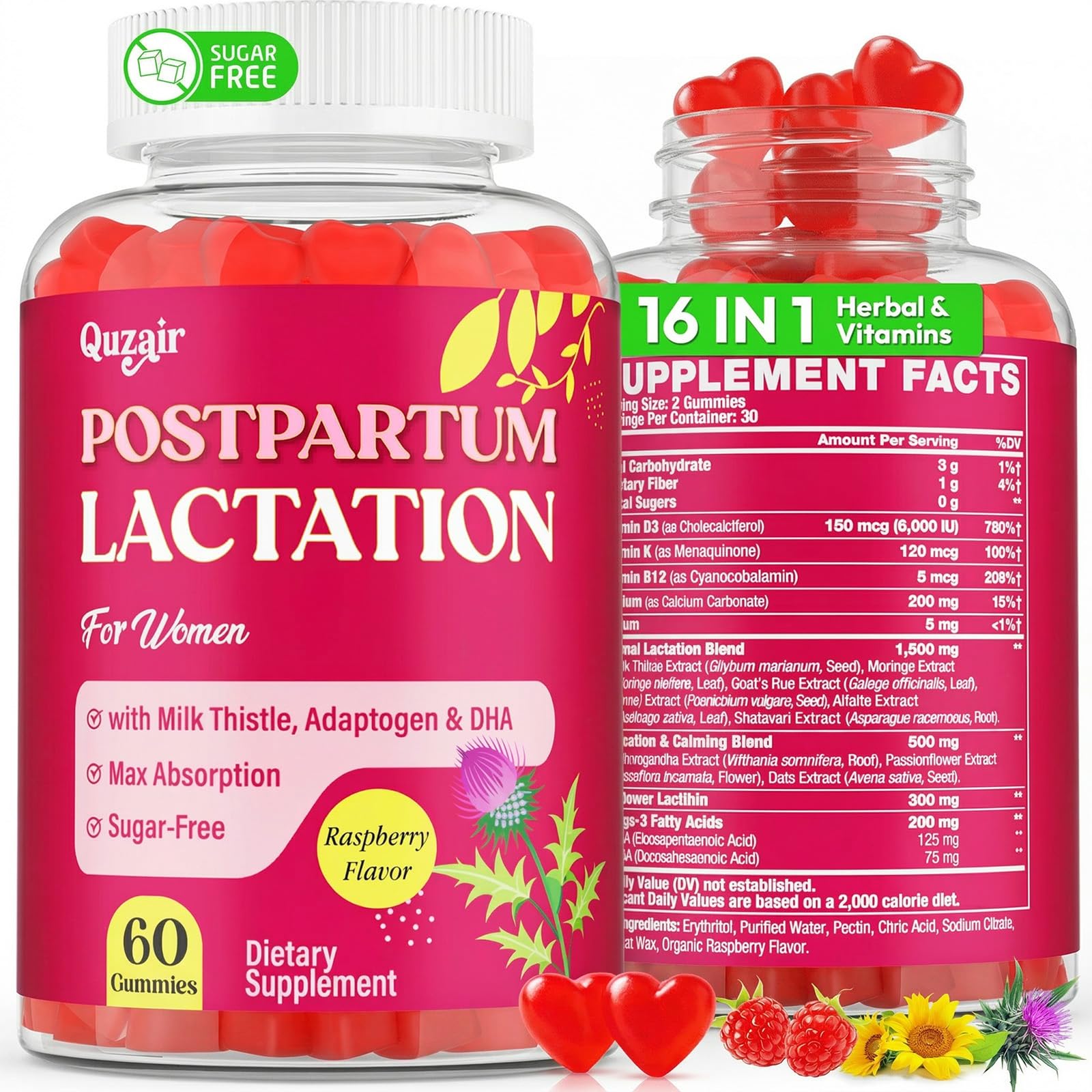 Frasco Quzair Lactation Gummies mostrando envase y beneficios visibles