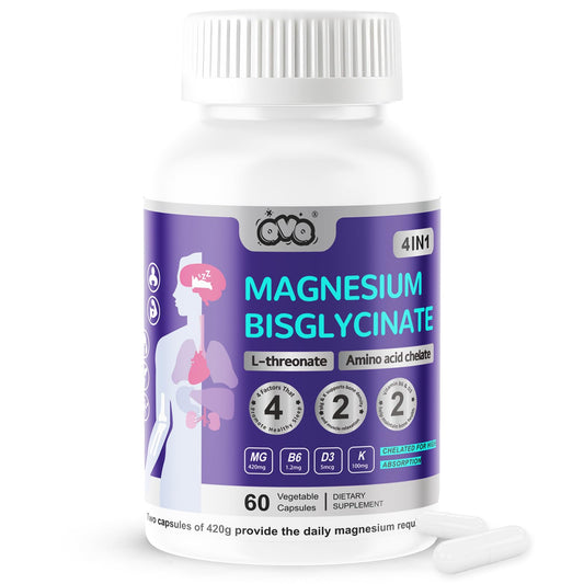 QVQ Magnesium Complex bottle label highlighting the 4-in-1 formula for wellness