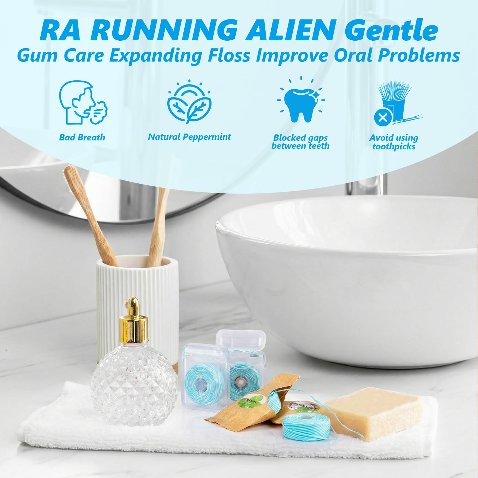 RA RUNNING ALIEN ambientación en baño mostrando el paquete en estante, formato ideal para el hogar