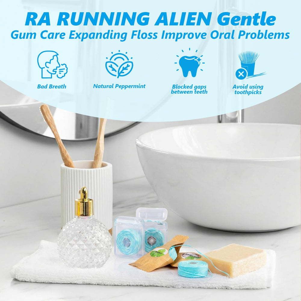 RA RUNNING ALIEN ambientación en baño mostrando el paquete en estante, formato ideal para el hogar