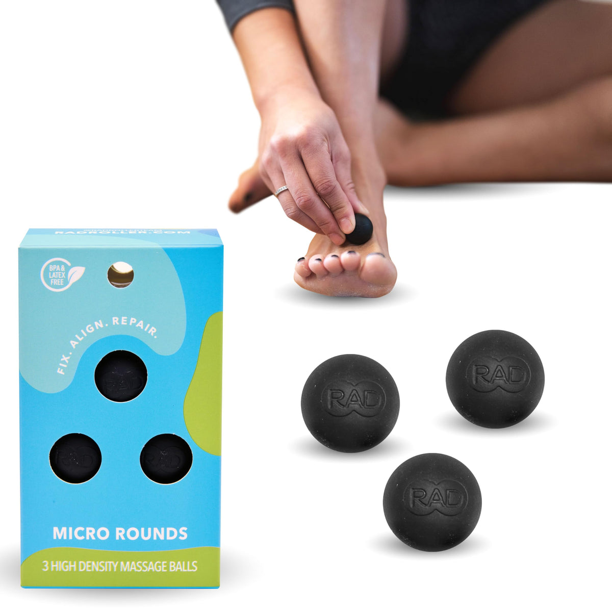 RAD micro rounds vista frontal del empaque mostrando las tres pelotas y beneficios