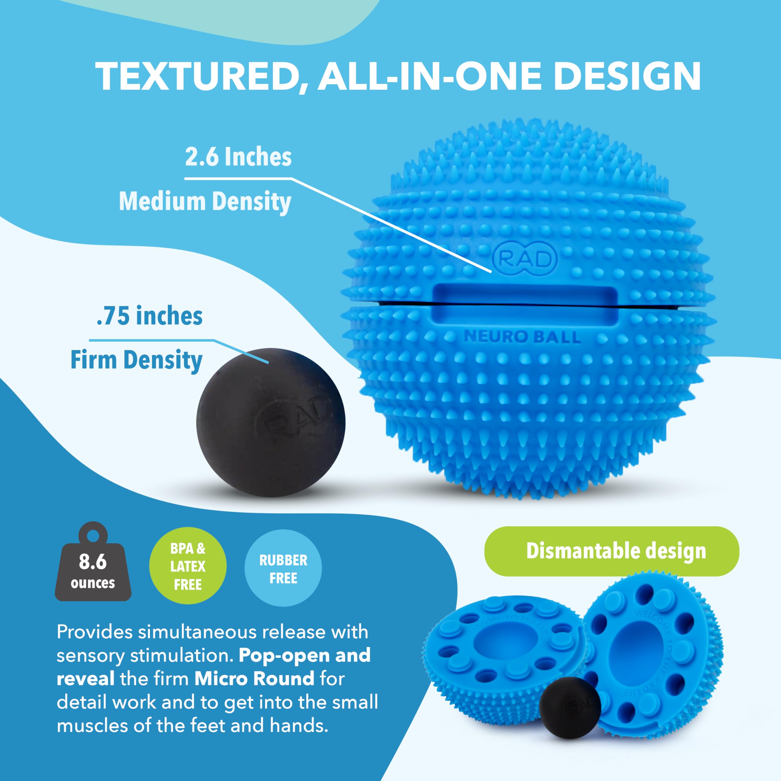 RAD Neuro Ball aplicada en la palma de la mano para liberar puntos gatillo