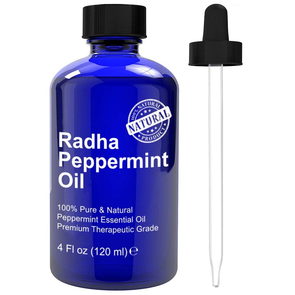 Radha Beauty botella frontal azul con aceite de menta, identificación auténtica