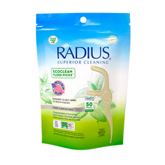 RADIUS pack frontal mostrando 50 flossers y beneficio ecológico visible