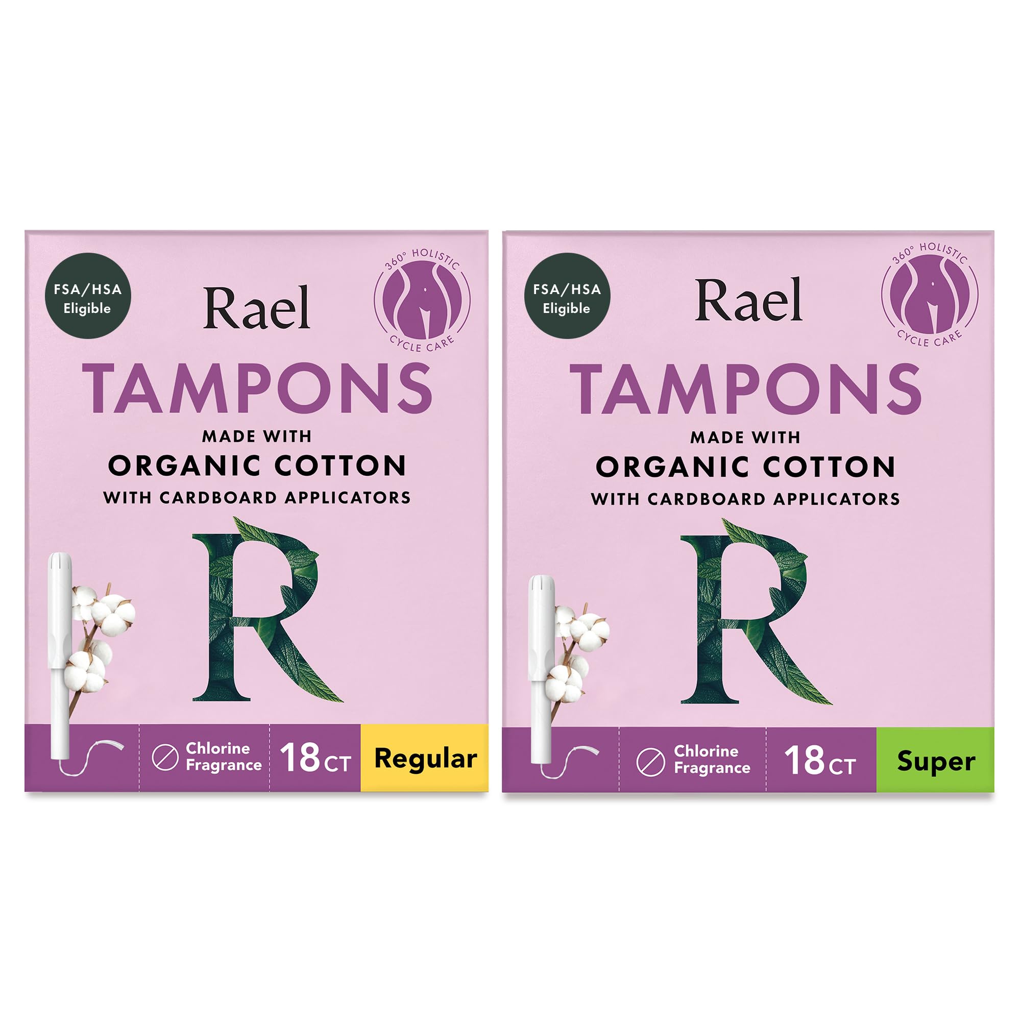 Rael paquete frontal mostrando 36 tampones y beneficios ecológicos