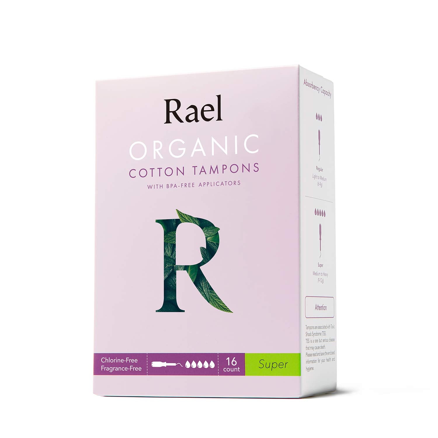 Rael pack frontal de tampones super mostrando diseño y cantidad, protección confiable