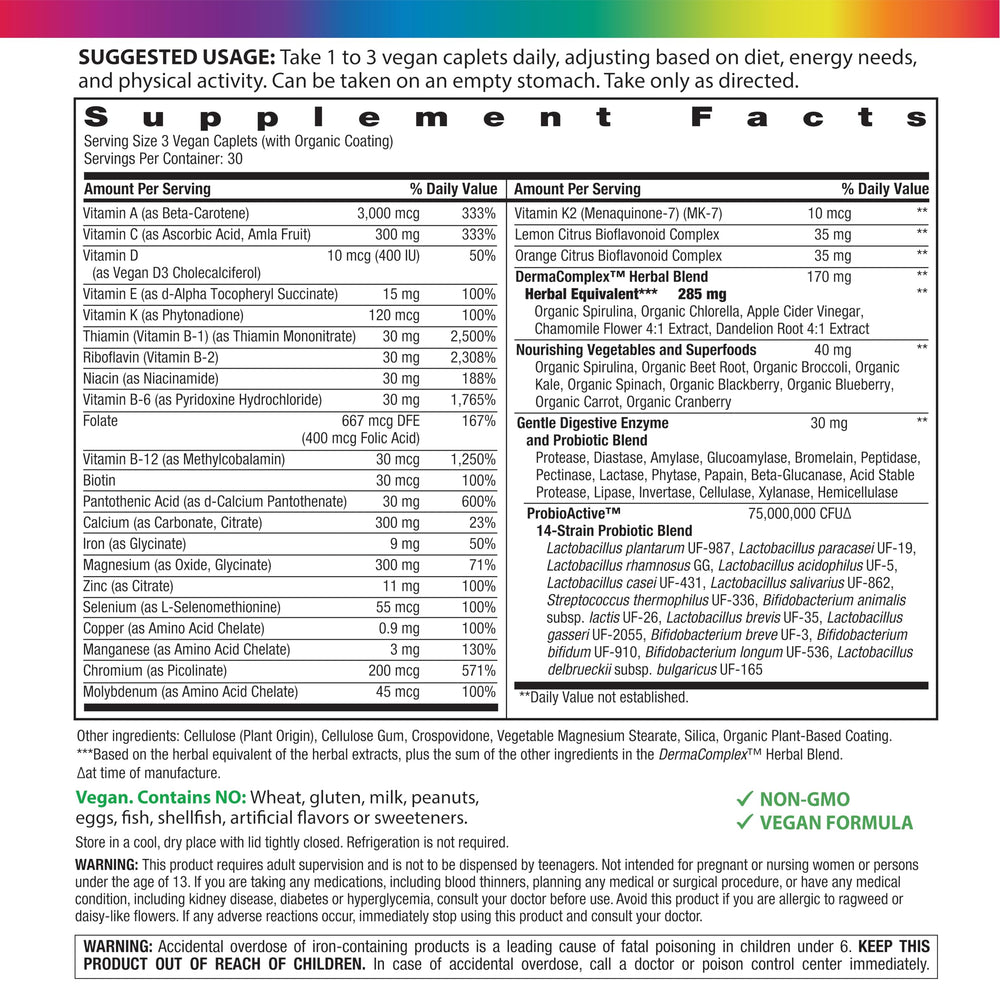 Rainbow Light detalle de la etiqueta con lista de vitaminas y beneficios visibles