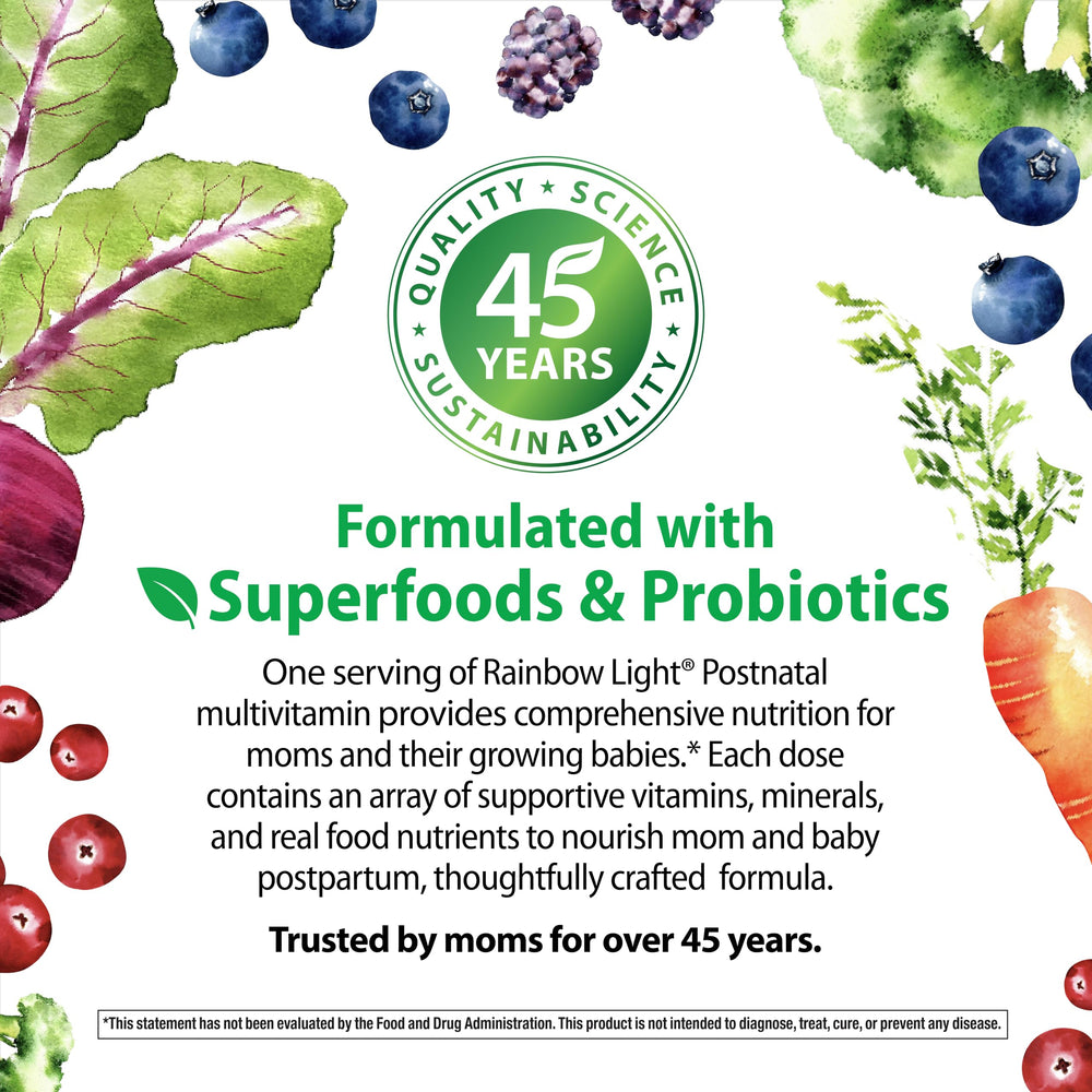 Primer plano etiqueta Rainbow Light con listado de ingredientes y certificaciones