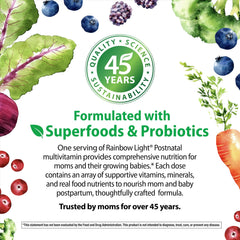 Primer plano etiqueta Rainbow Light con listado de ingredientes y certificaciones