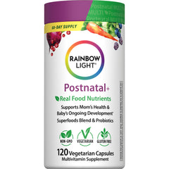 Frasco frontal Rainbow Light Postnatal multivitamínico mostrando la etiqueta y beneficios