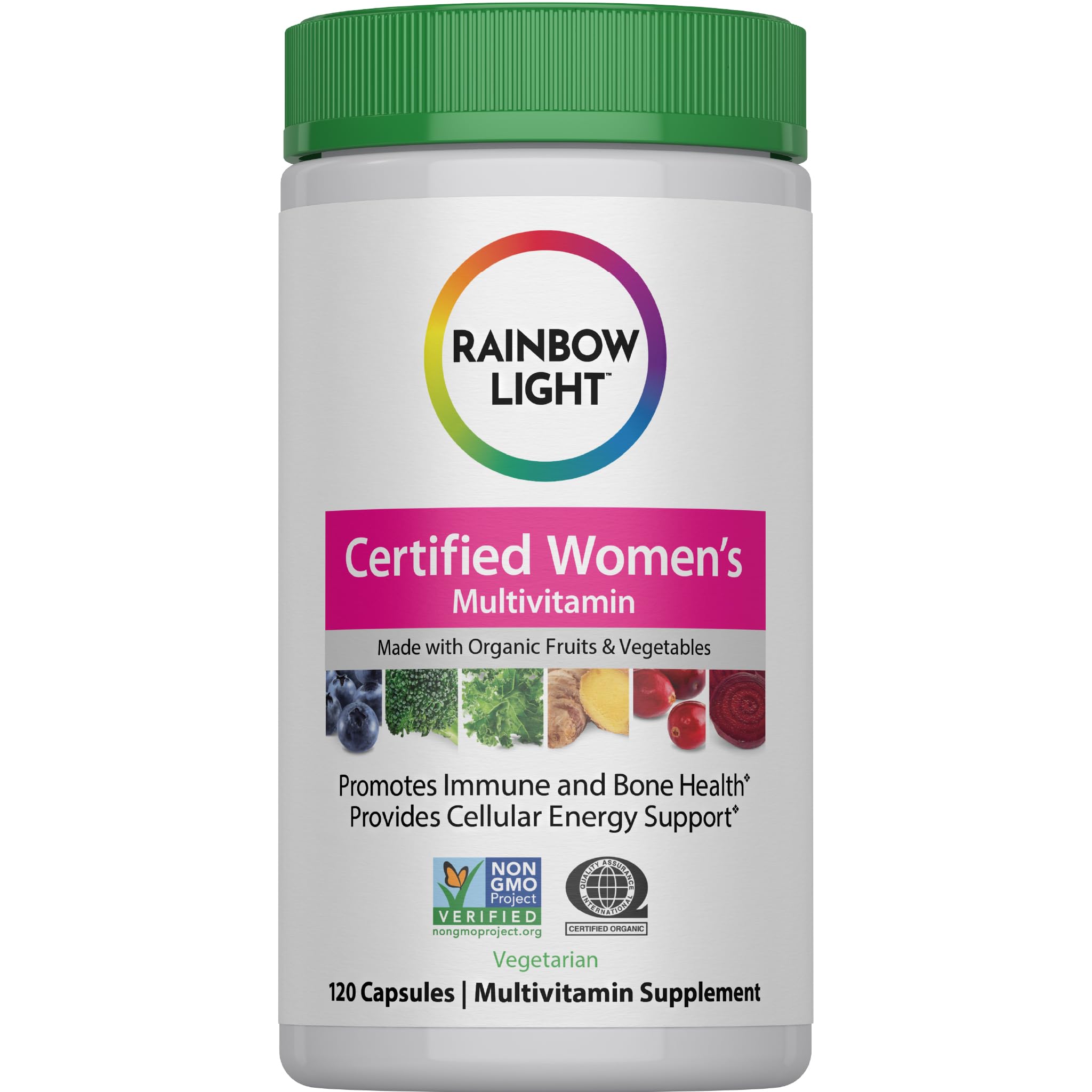 Rainbow Light frasco frontal mostrando etiqueta clara y beneficios