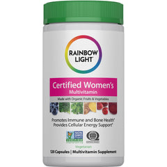 Rainbow Light frasco frontal mostrando etiqueta clara y beneficios