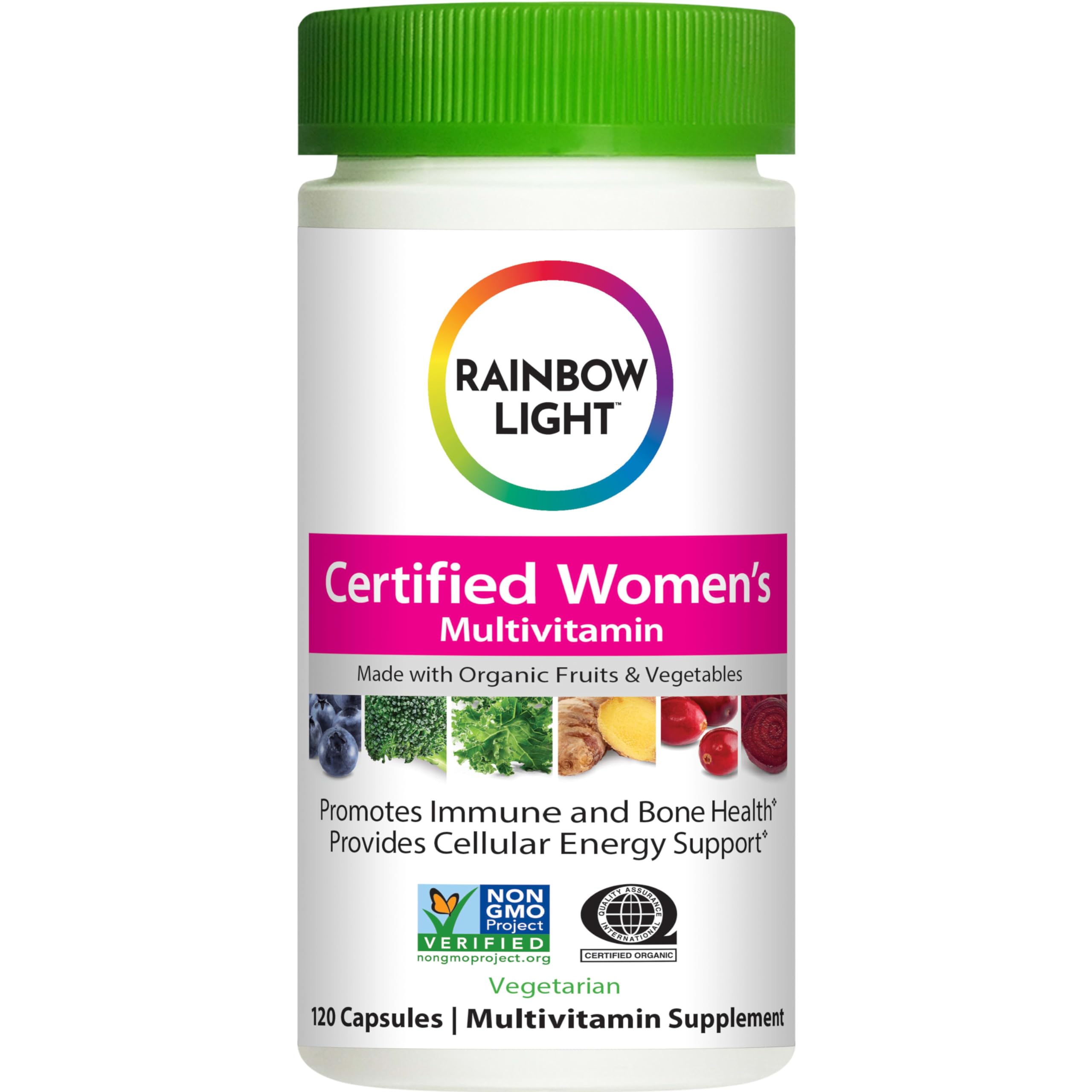 Rainbow Light envase frontal mostrando etiquetas y beneficios principales
