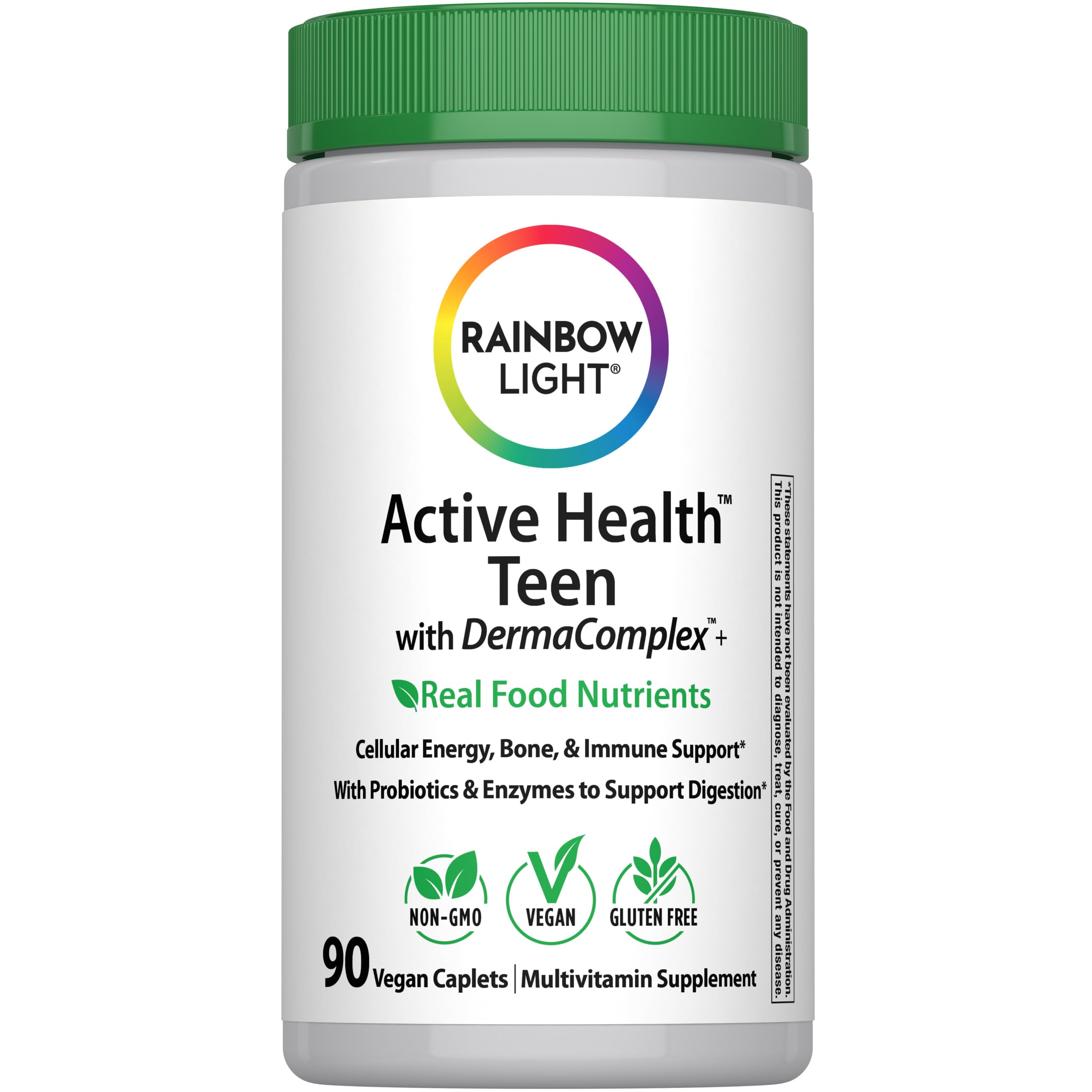 Rainbow Light frente del envase mostrando 90 caplets y afirmando soporte diario