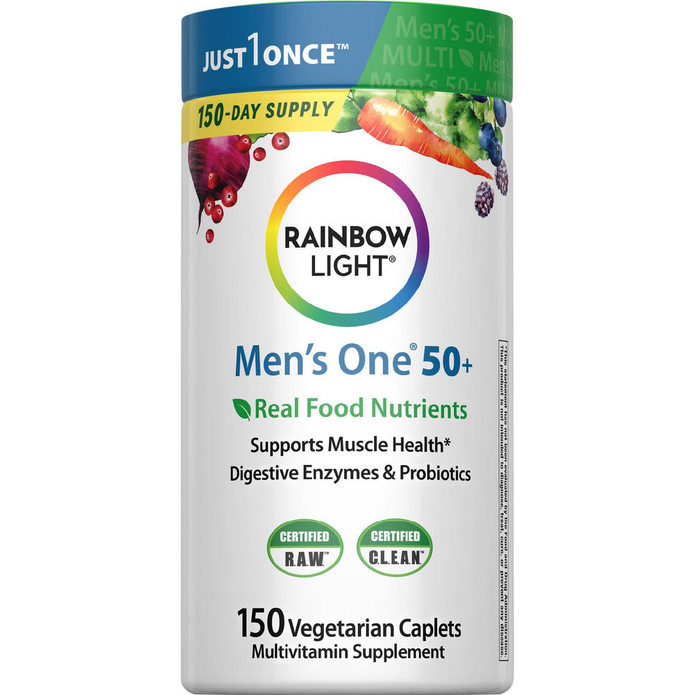 Rainbow Light frente del envase mostrando 150 caplets y etiqueta clara