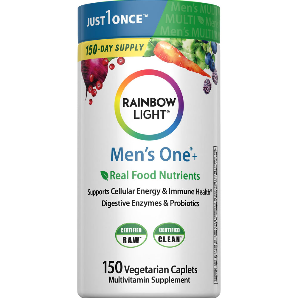 Rainbow Light Men’s One+ frente del empaque mostrando beneficio de conveniencia