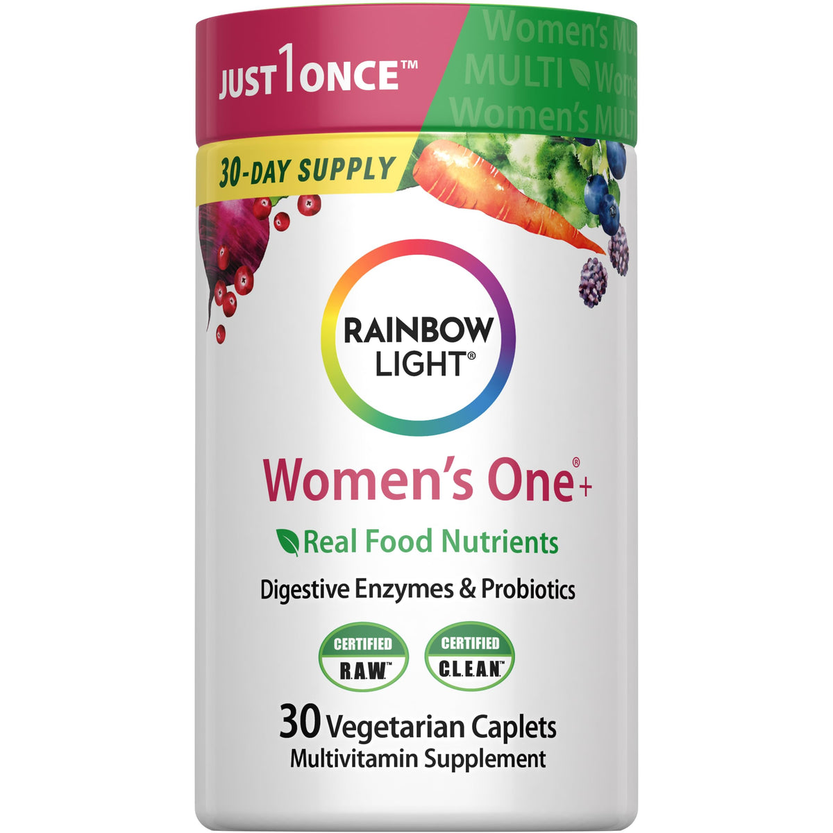 Rainbow Light envase frontal mostrando 30 caplets y beneficios claros