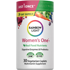 Rainbow Light envase frontal mostrando 30 caplets y beneficios claros