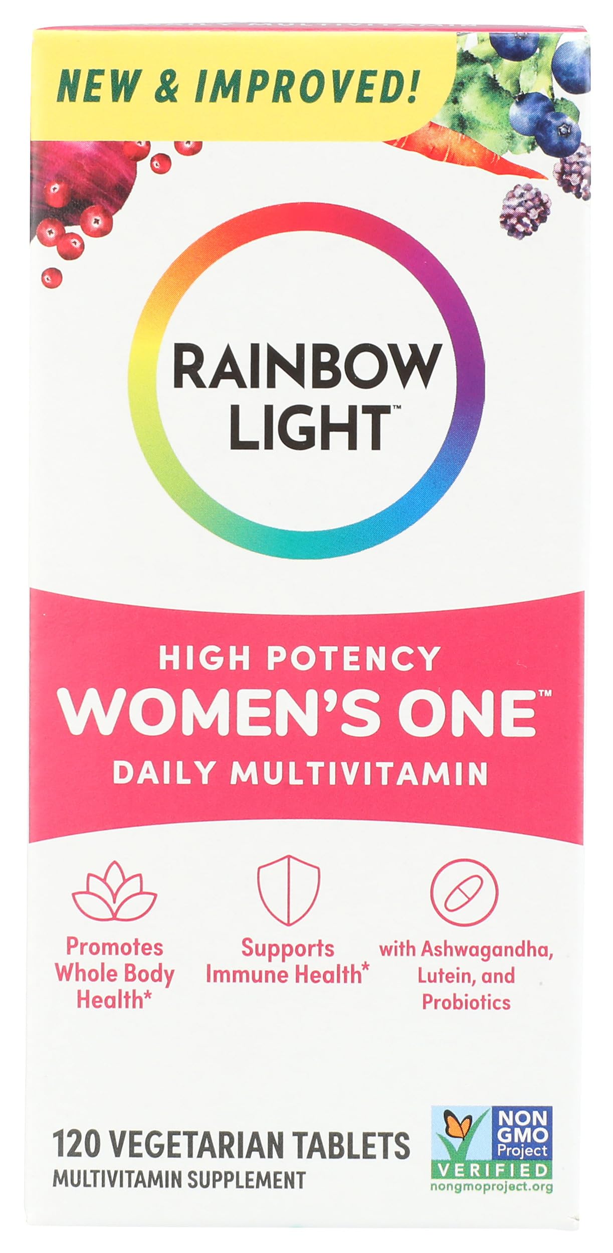 Envase de Rainbow Light Multivitamin Women's One en polvo mostrando diseño y presentación, fácil de identificar.