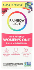 Envase de Rainbow Light Multivitamin Women's One en polvo mostrando diseño y presentación, fácil de identificar.