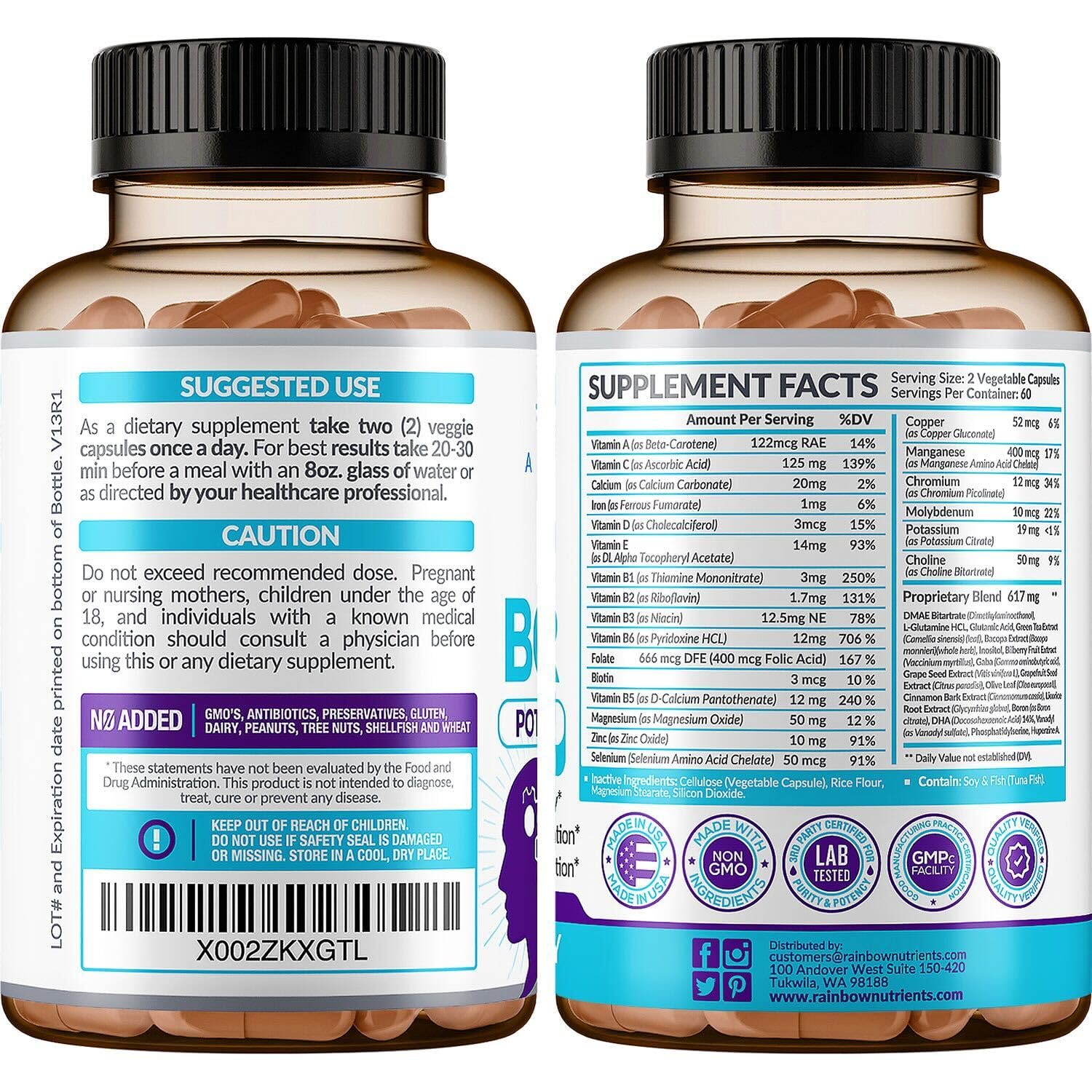 Rainbow Nutrients extractos como Bacopa y DMAE en primer plano mostrando origen natural