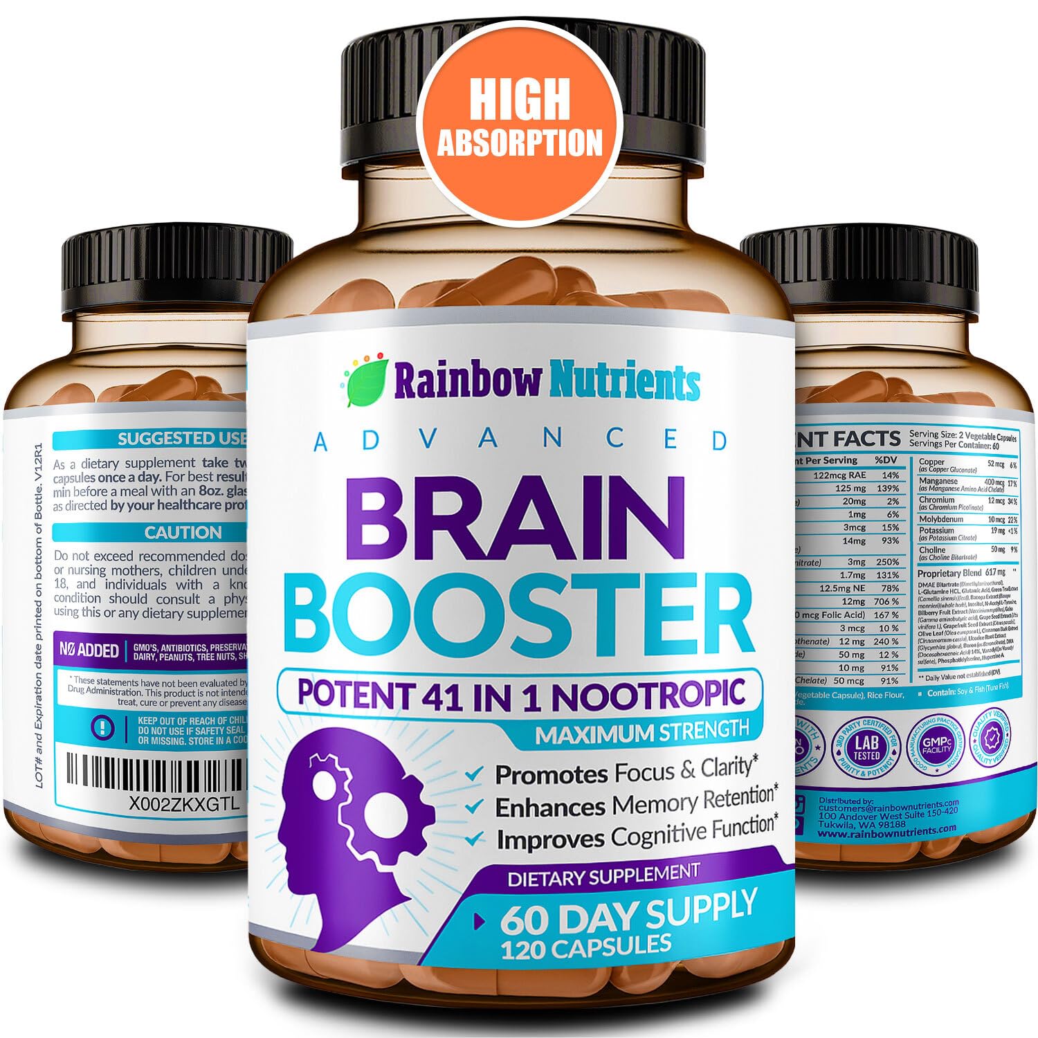 Rainbow Nutrients frasco al frente mostrando 120 cápsulas y claridad