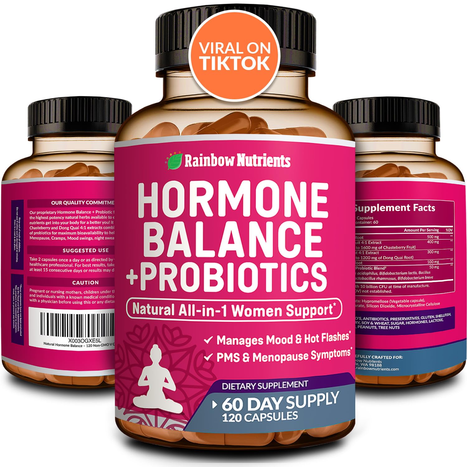 Rainbow Nutrients envase frontal mostrando fórmula para equilibrio hormonal y confort