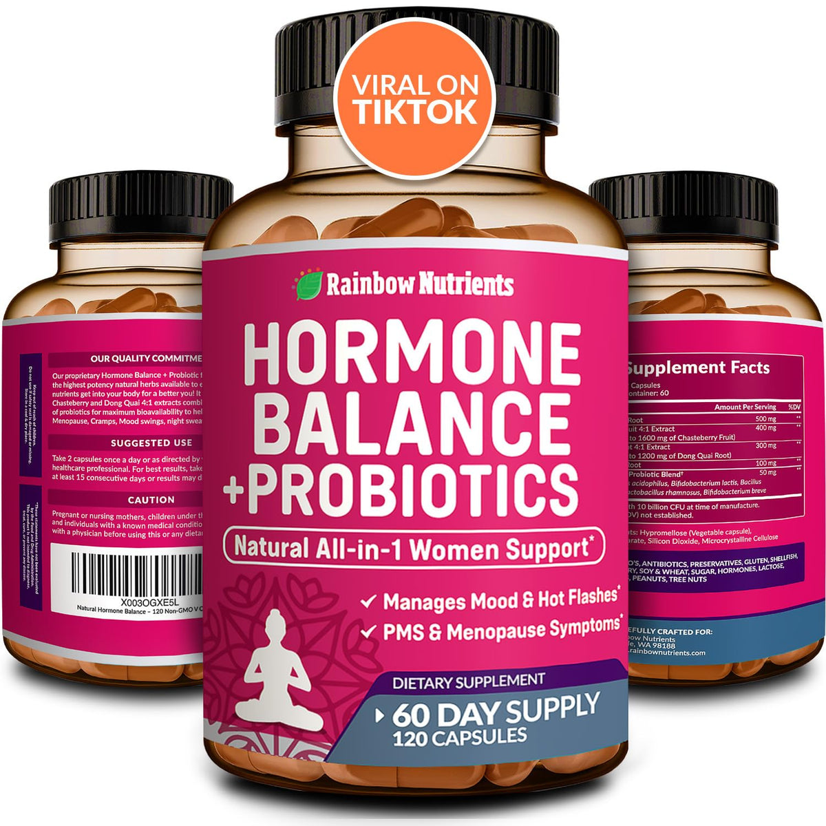 Rainbow Nutrients envase frontal mostrando fórmula para equilibrio hormonal y confort