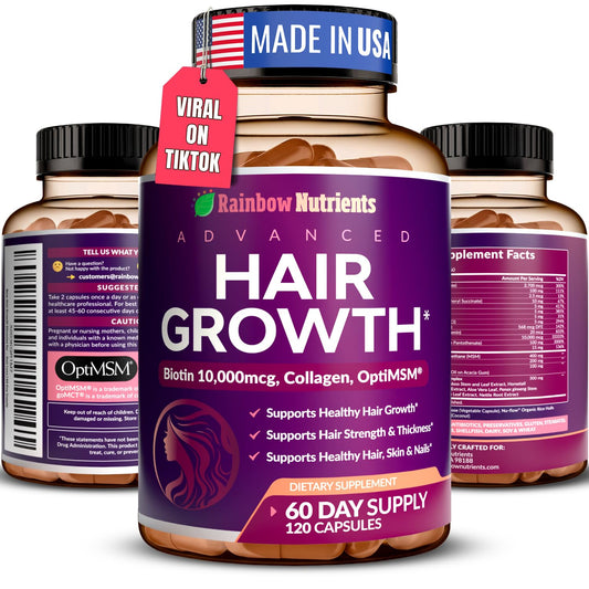 Envase frontal de Rainbow Nutrients mostrando fórmula para cabello y belleza