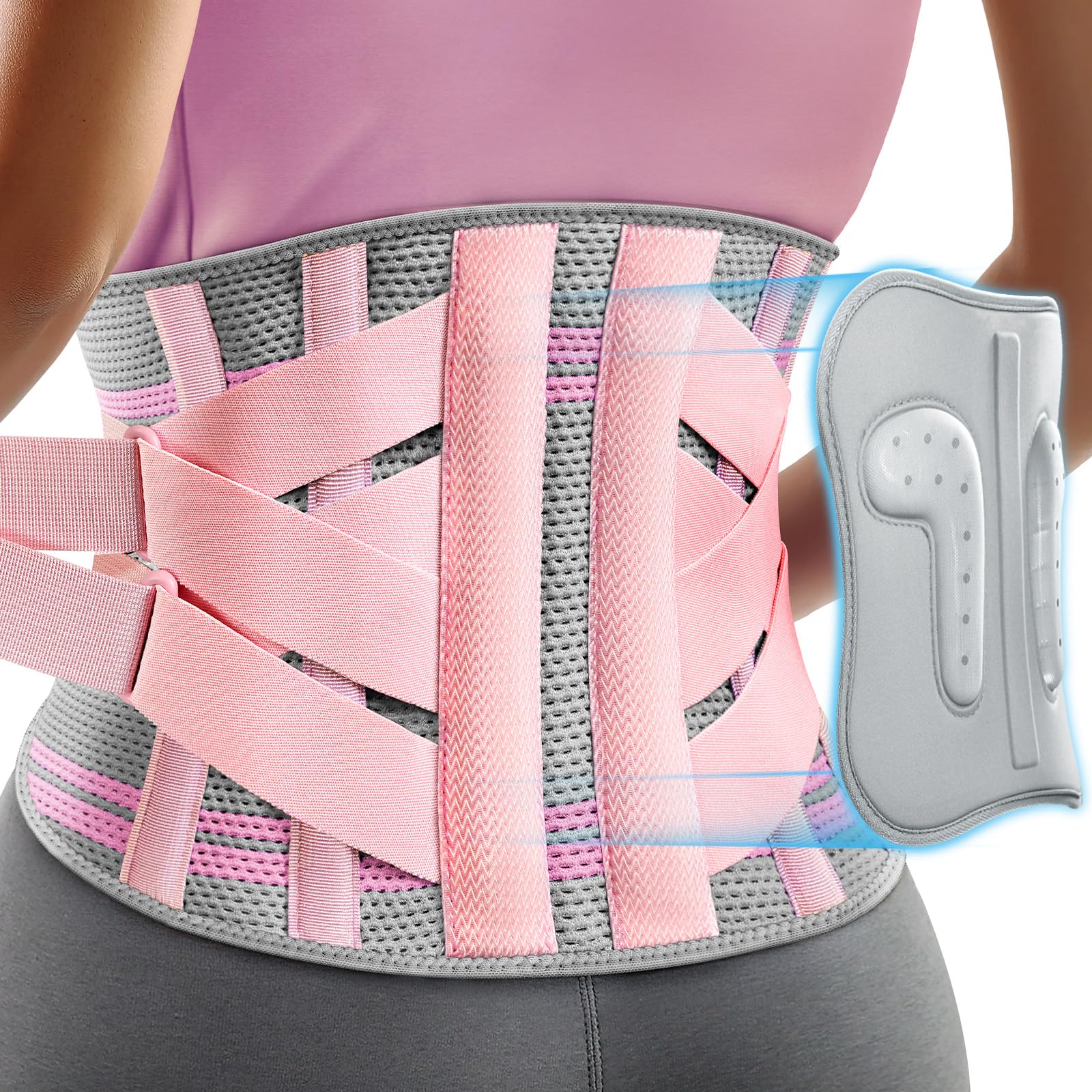 Rakiie vista frontal de la faja rosa mostrando ajuste y forma ergonómica para soporte