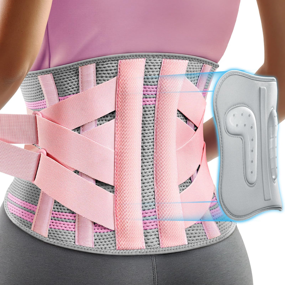 Rakiie vista frontal de la faja rosa mostrando ajuste y forma ergonómica para soporte