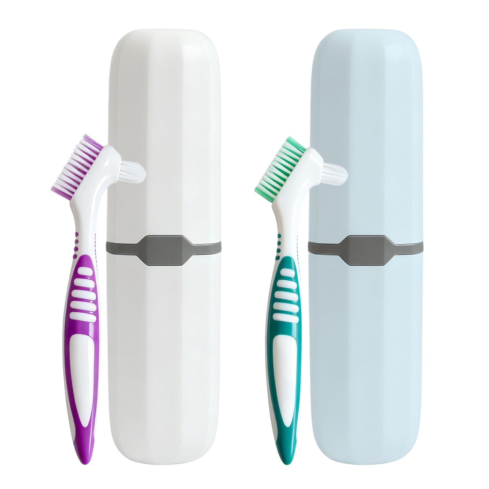 RARKVEN cepillo prótesis frontal mostrando doble cabeza y estuche, limpieza eficaz