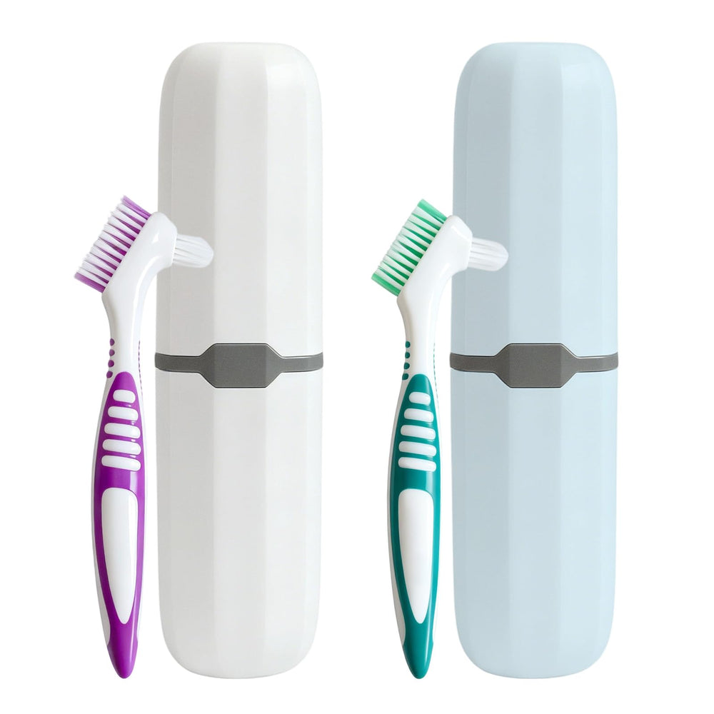 RARKVEN cepillo prótesis frontal mostrando doble cabeza y estuche, limpieza eficaz