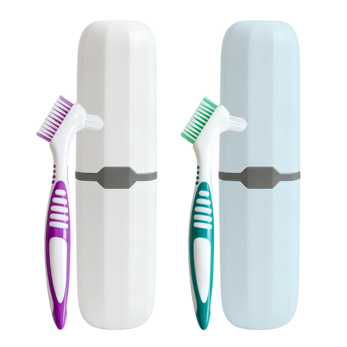 RARKVEN cepillo prótesis frontal mostrando doble cabeza y estuche, limpieza eficaz