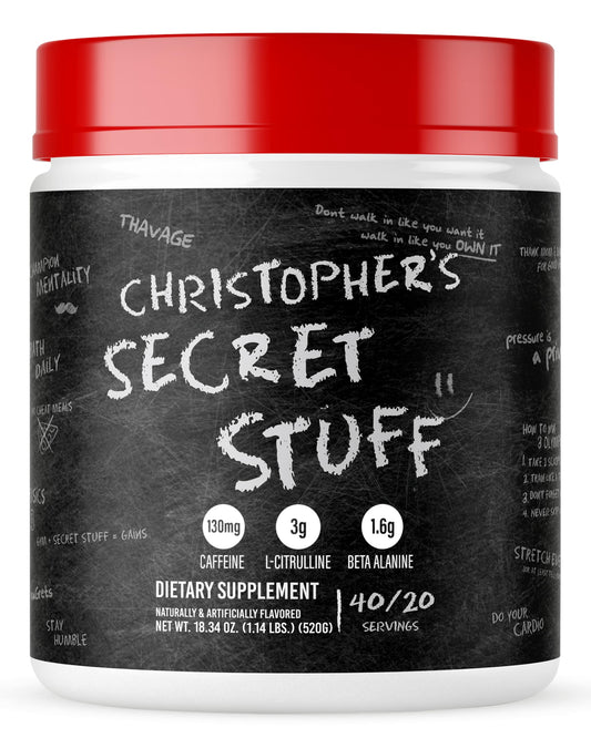 RAW Christopher's Secret Stuff pre-workout bottle showing a flavorful energy boost for workouts