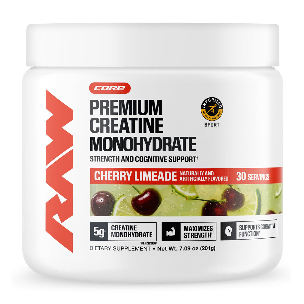 RAW creatina frente del envase mostrando 30 porciones y sabor cherry limeade para adherencia