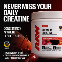 RAW creatina en ambiente de gimnasio junto a botella, ideal para rutinas intensas