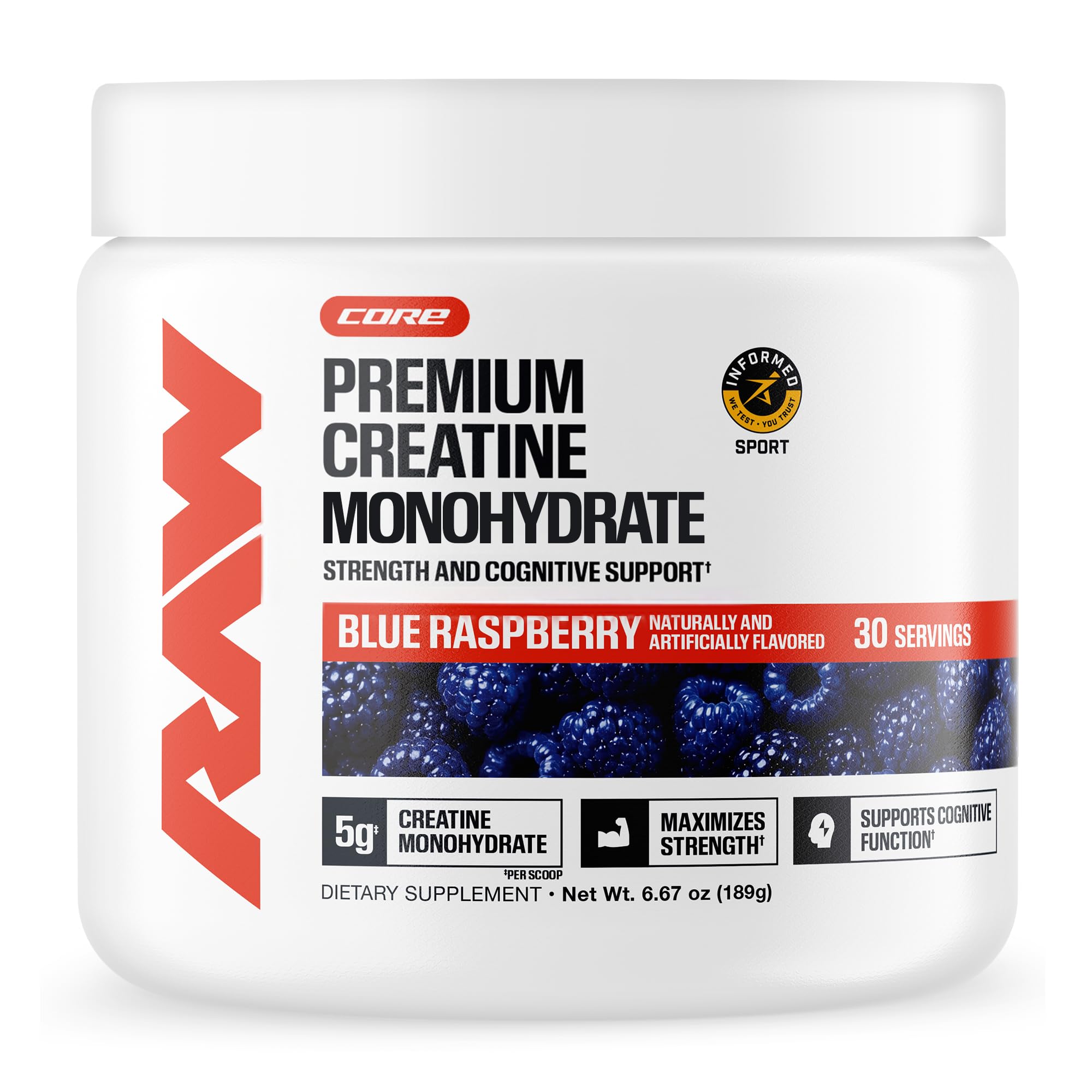 RAW envase frontal mostrando cretina frambuesa azul y claridad del producto