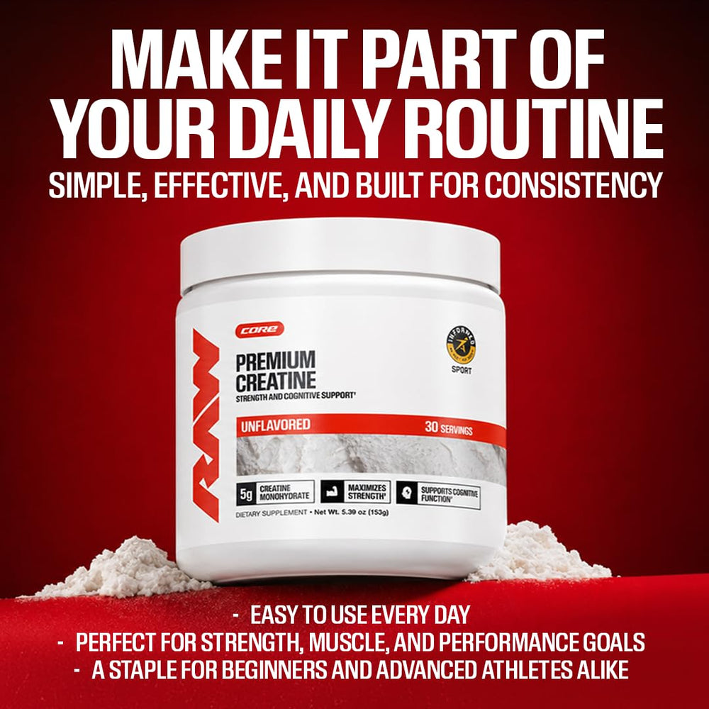 RAW creatine junto a equipo de gimnasio ilustrando uso antes del entrenamiento