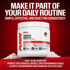 RAW creatine junto a equipo de gimnasio ilustrando uso antes del entrenamiento