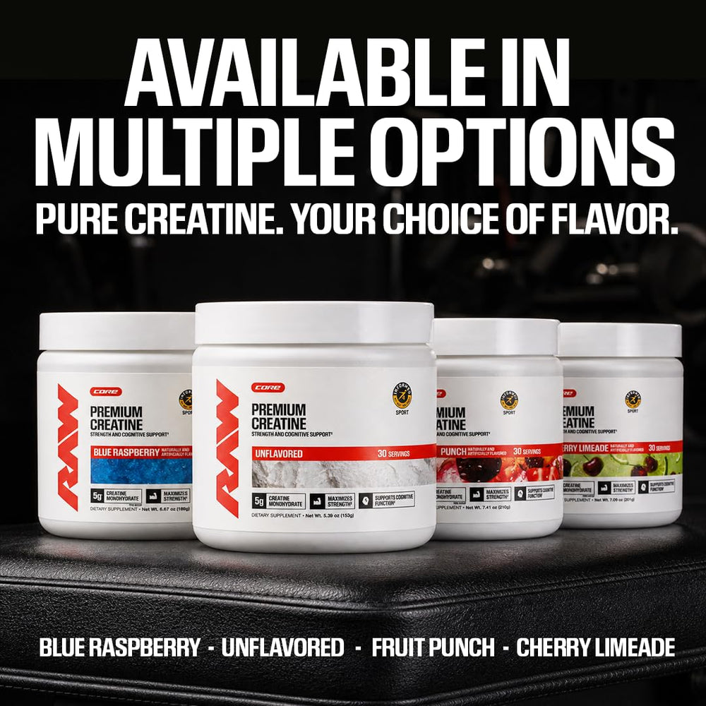 RAW creatine etiqueta con certificación Informed Sport y control de calidad