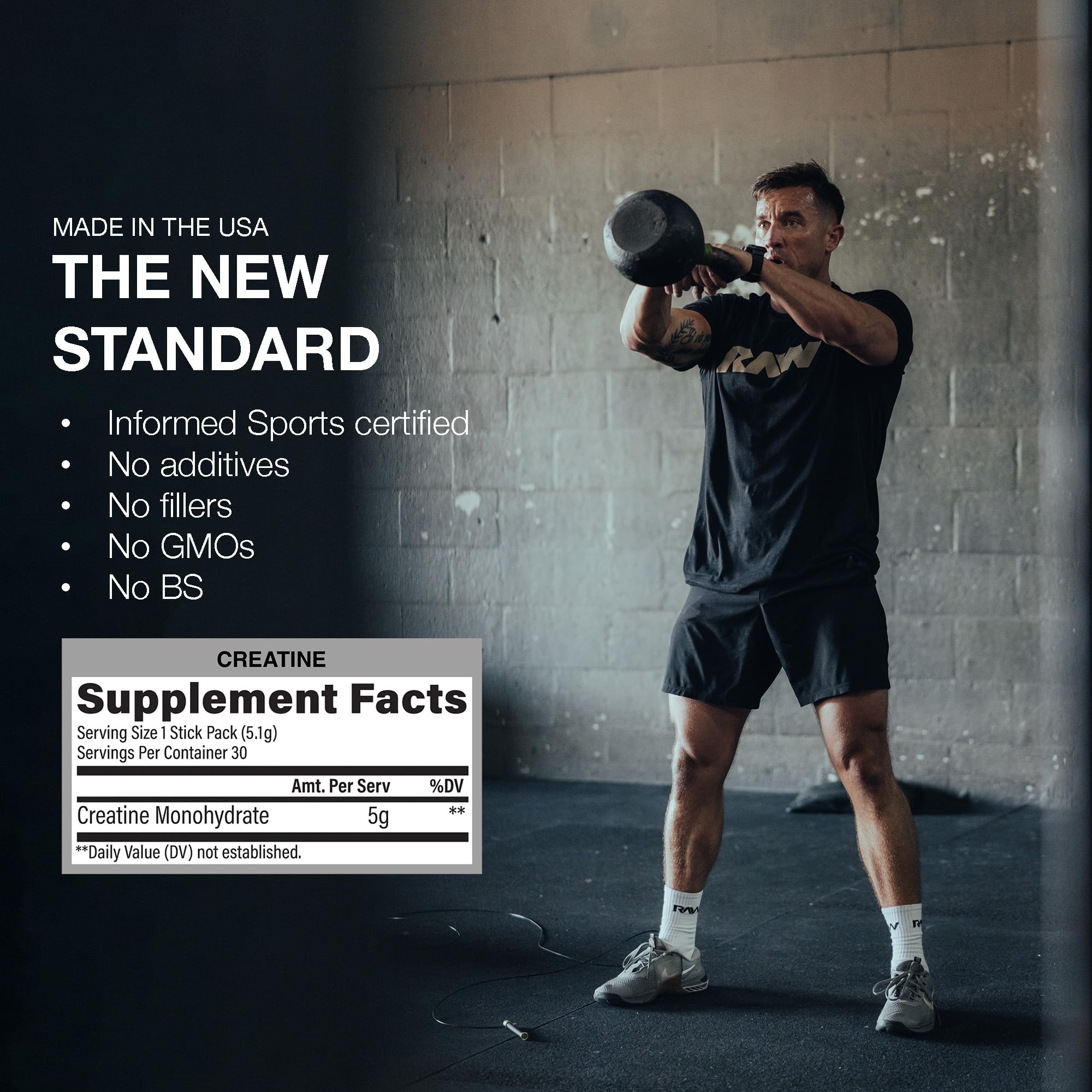 RAW Creatine etiqueta con ingredientes y certificación Informed‑Sport