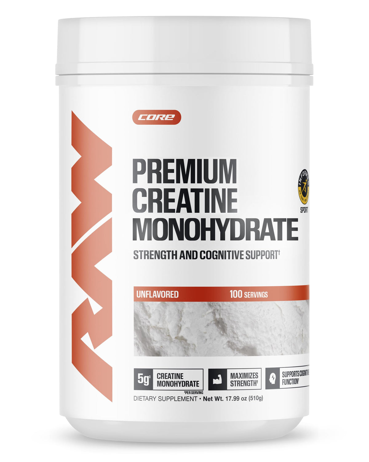 RAW creatine monohydrate vista frontal del envase mostrando pureza y diseño