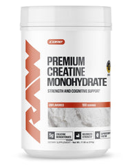 RAW creatine monohydrate vista frontal del envase mostrando pureza y diseño