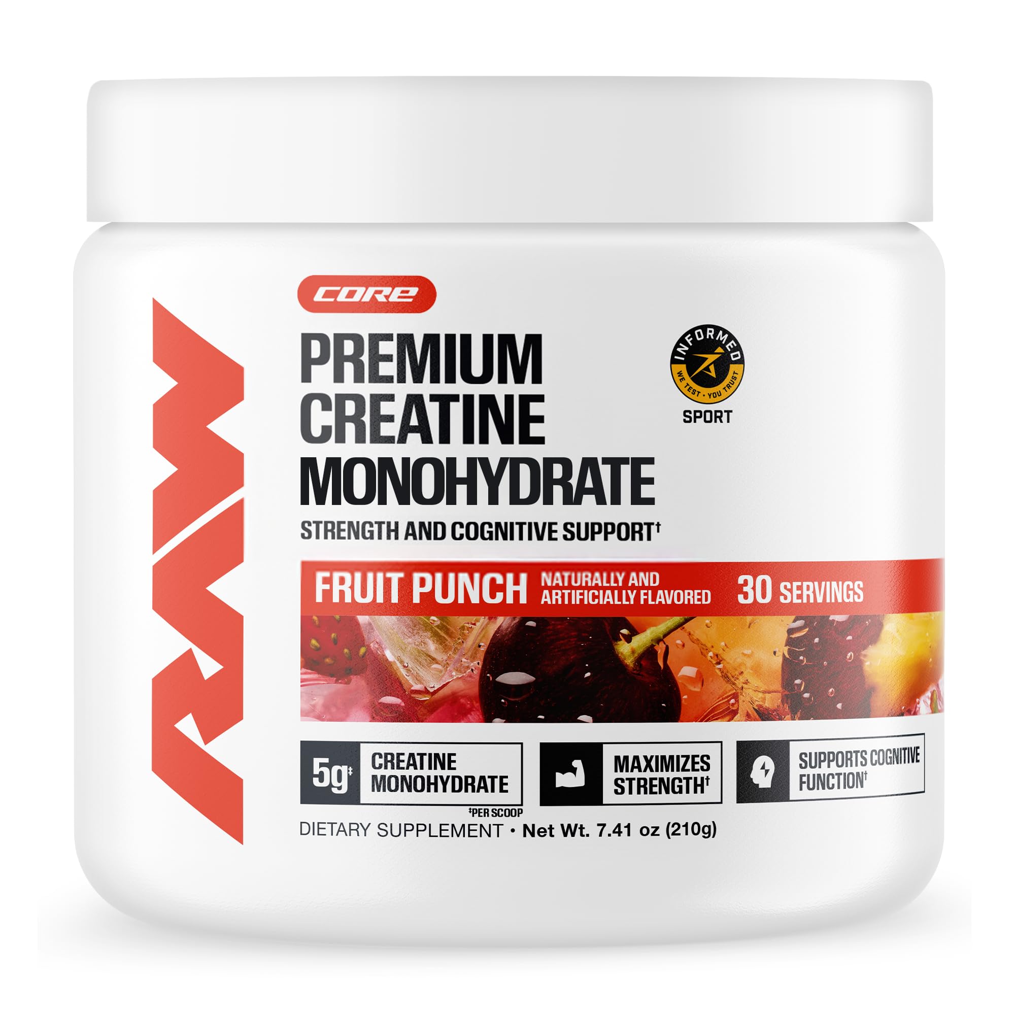 RAW creatine frontal del envase mostrando sabor Fruit Punch y confianza