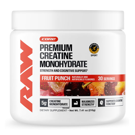 RAW creatine frontal del envase mostrando sabor Fruit Punch y confianza